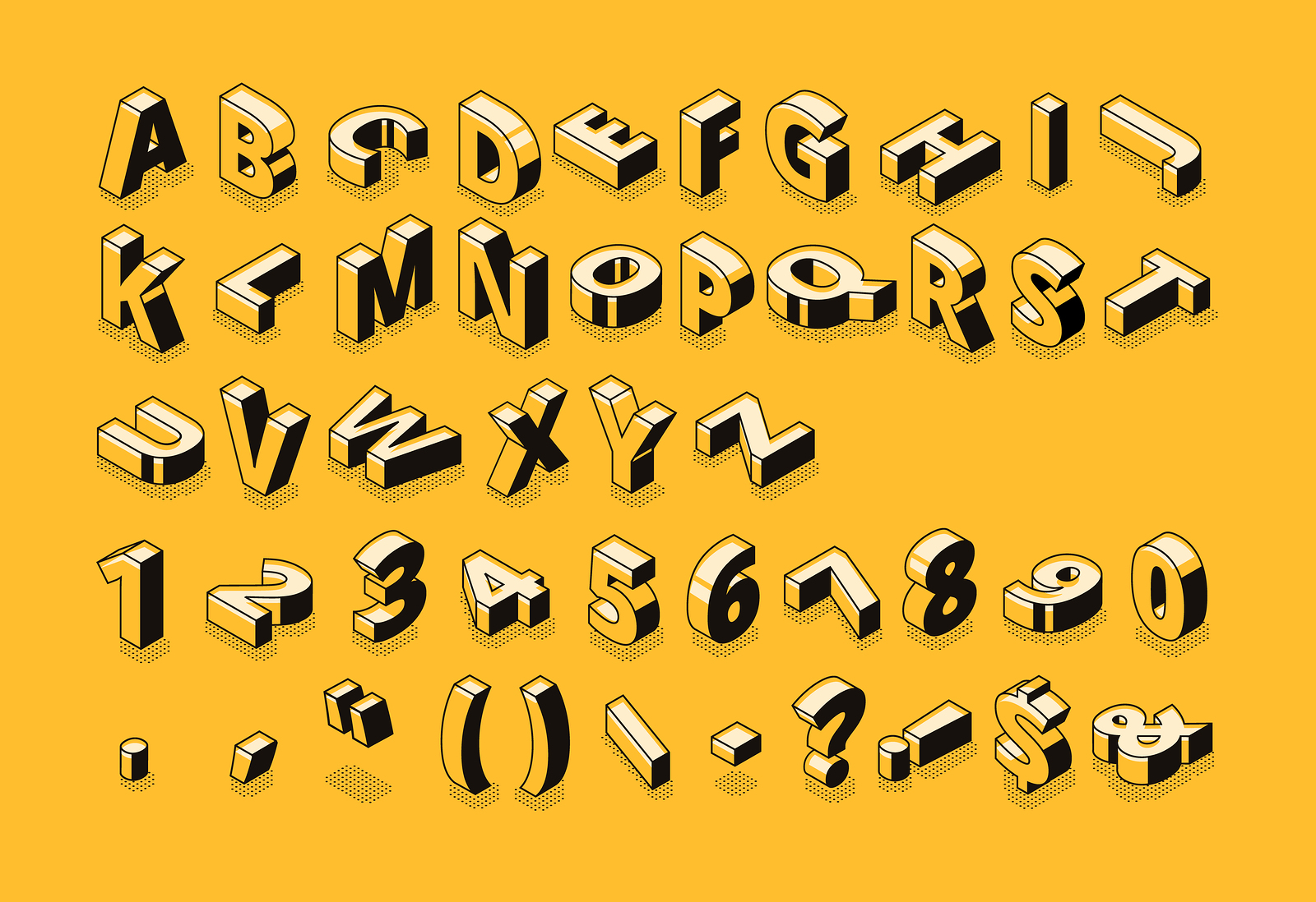 Isometric Line Font typography with Halftone Alphabet Letters Vector Illustr