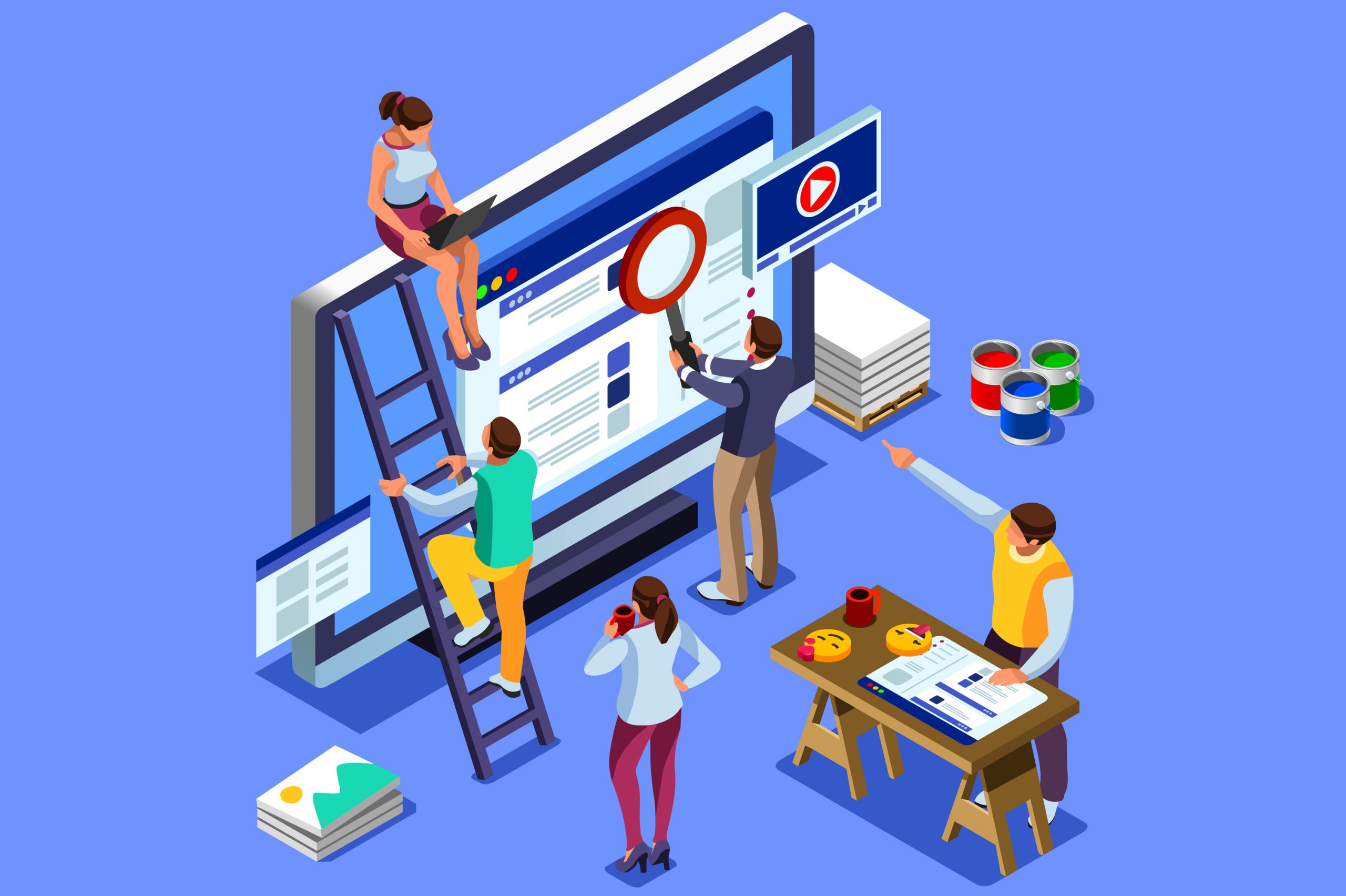 vector illustration of a team creating graphics for a website by hand before applying them to a computer screen