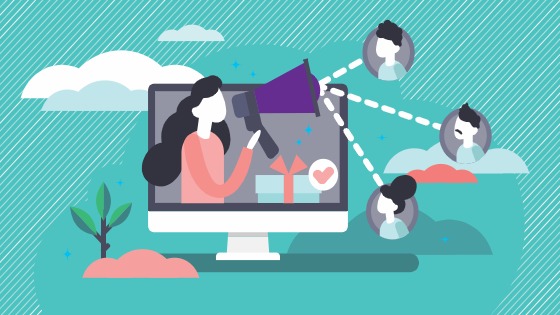 illustration of woman emerging from computer screen with a loudhailer for internet advertising Internet Ad Tips as Global Spend Approaches 50% 
