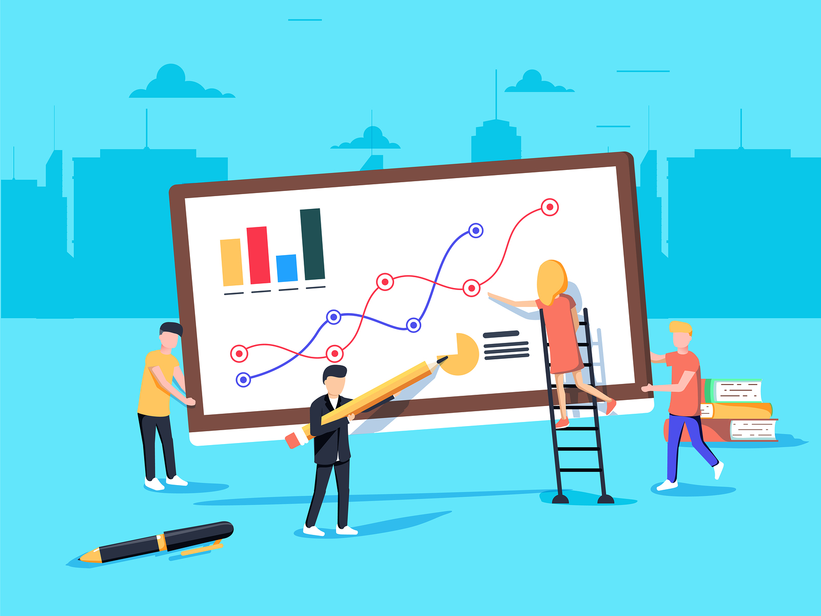 vector illustration of a marketing team using website analytics on a giant screen