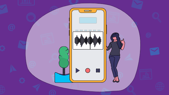 Illustration of woman by phone listening to podcast for business