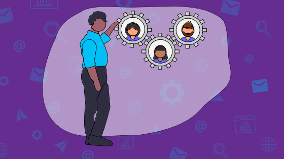 Man standing next to cogs with a network of faces for business