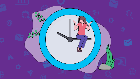 Shows someone sitting on a clock with shoulders shrugged to work out how to manage time